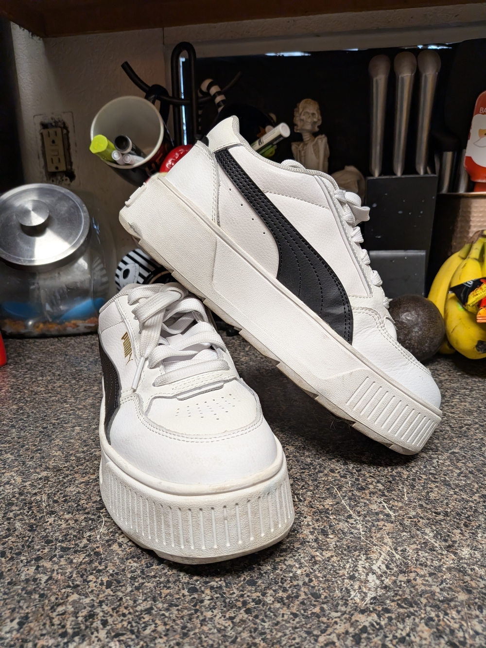 Puma White and Black Leather Platform Sneakers